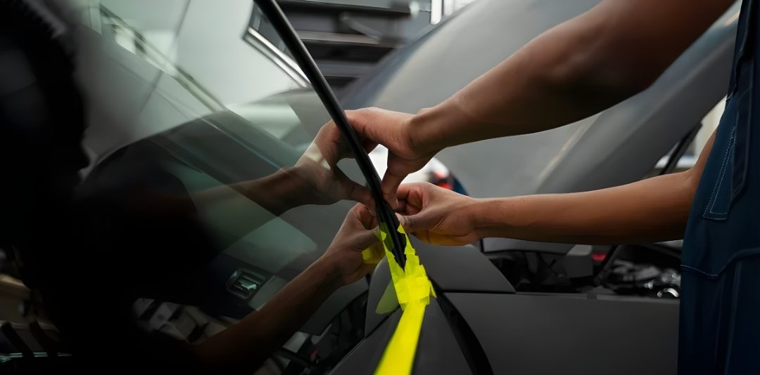 Hands apply bright masking tape to a car windshield in a workshop, masking for paint or repair work.