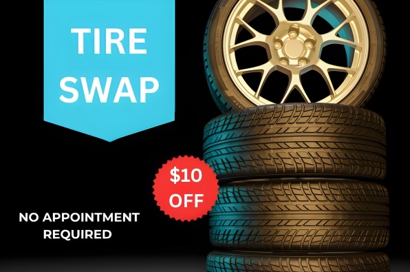 Tire Swap banner with stacked tires, blue badge reading 'TIRE SWAP' and '$10 OFF' badge; no appointment needed.