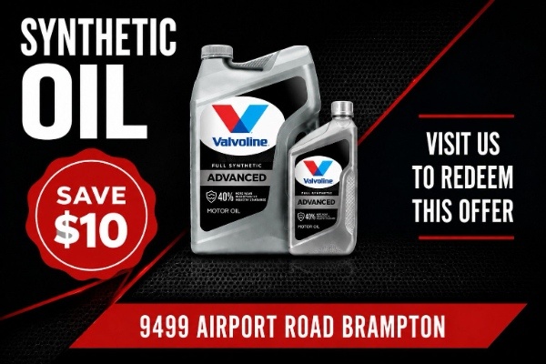 Valvoline synthetic motor oil ad with two jugs, a red 'Save $10' badge, and Brampton address: 9499 Airport Road Brampton.